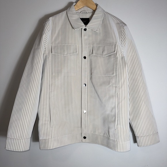 Marc Asher Mens Faux Leather Pinstripe Trucker Jacket Faux Fur Lined Cream M
